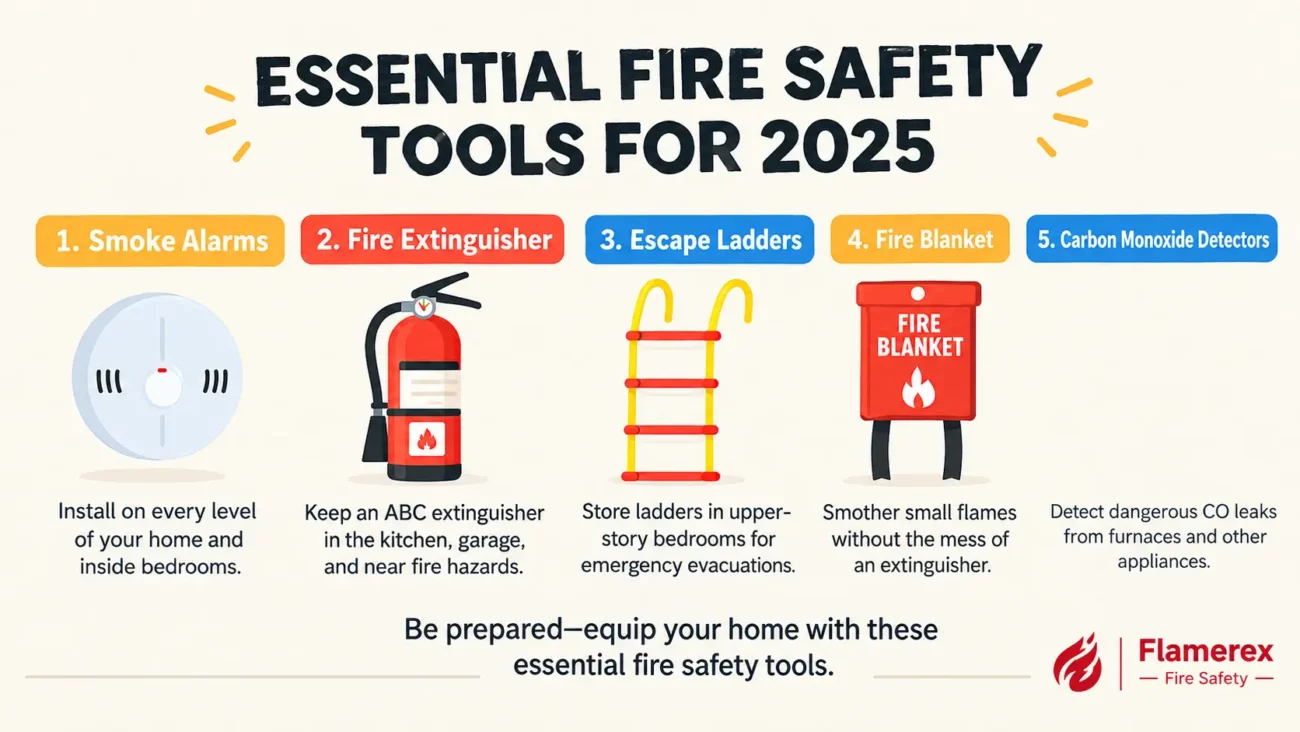 Essential home fire safety tools checklist infographic featuring fire blankets smoke alarms extinguishers and escape ladders
