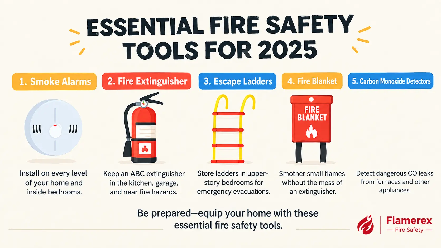 Essential home fire safety tools checklist infographic featuring fire blankets smoke alarms extinguishers and escape ladders